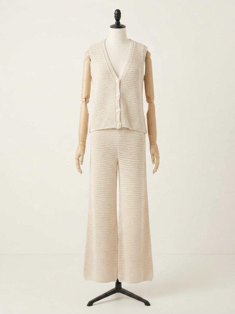 Knit Wide-Leg Pants & Button Vest Set - Cream